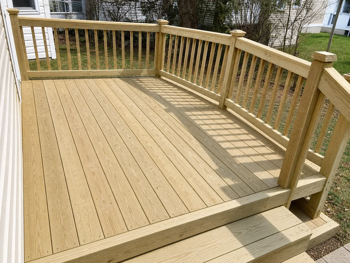 Rebuilt deck with fresh lumber and a new railing