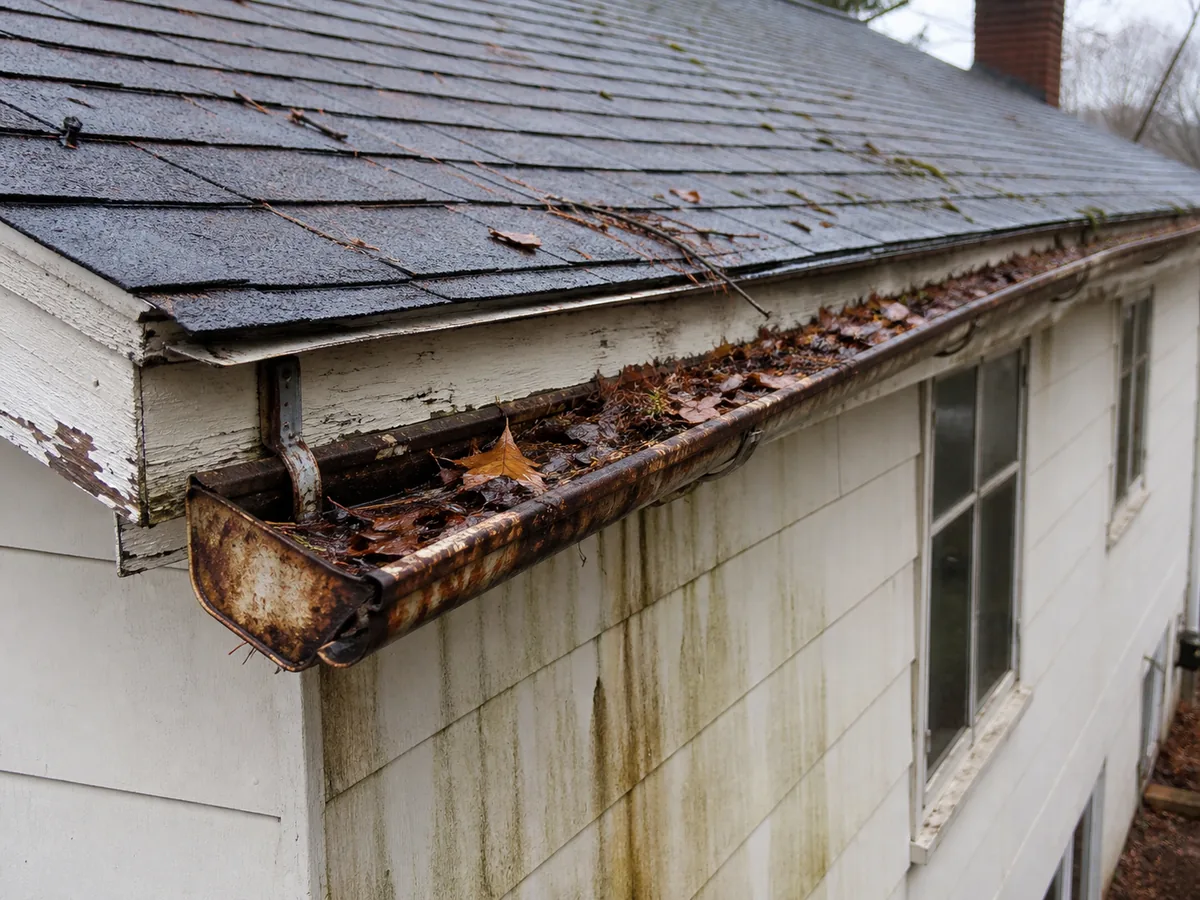 Sagging rusted gutter pulling away from the fascia