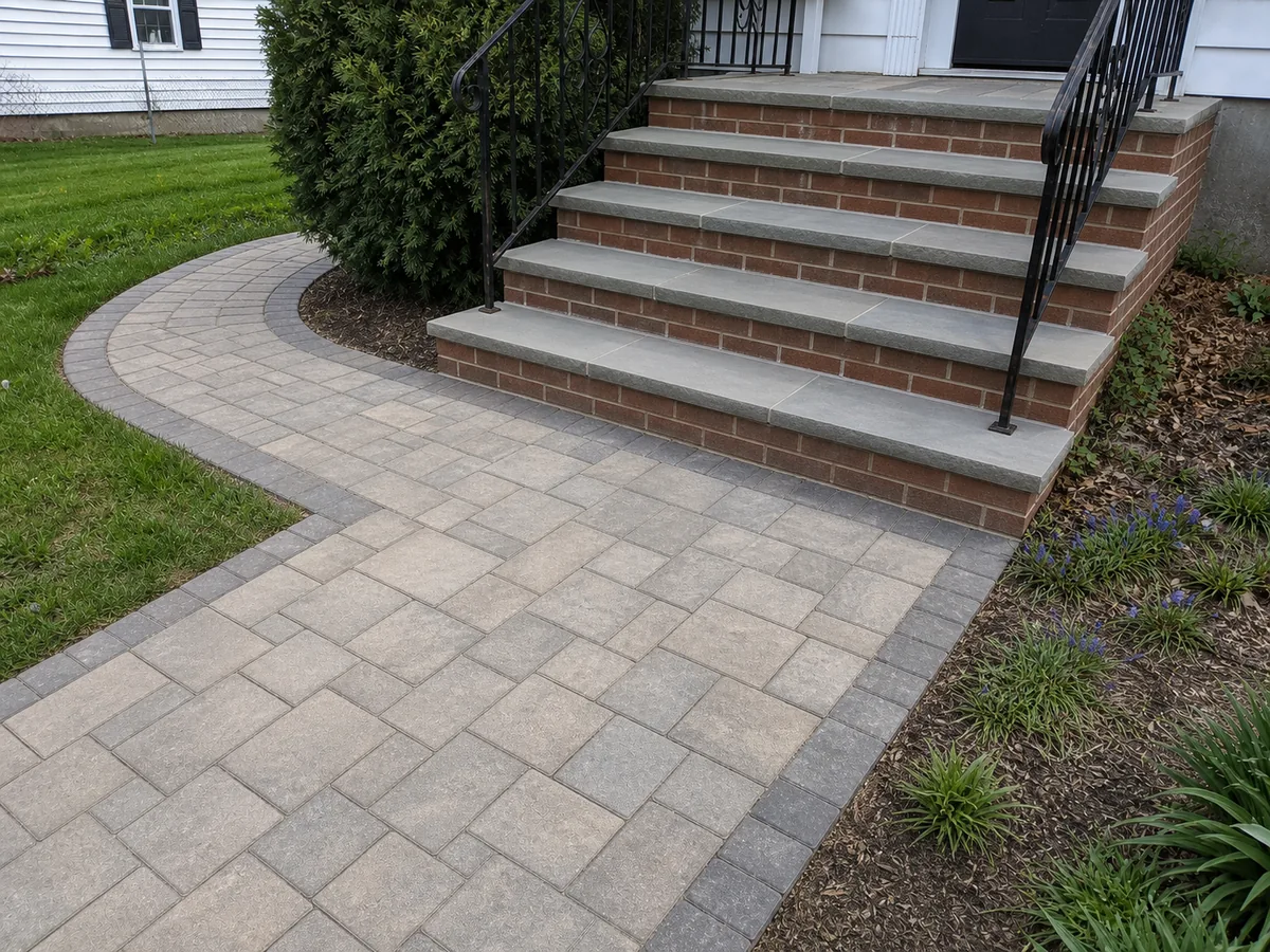 New paver walkway and brick steps with bluestone treads after the work