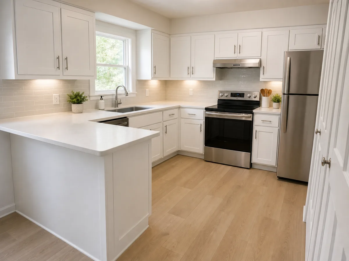 Remodeled kitchen with white cabinets and quartz counters