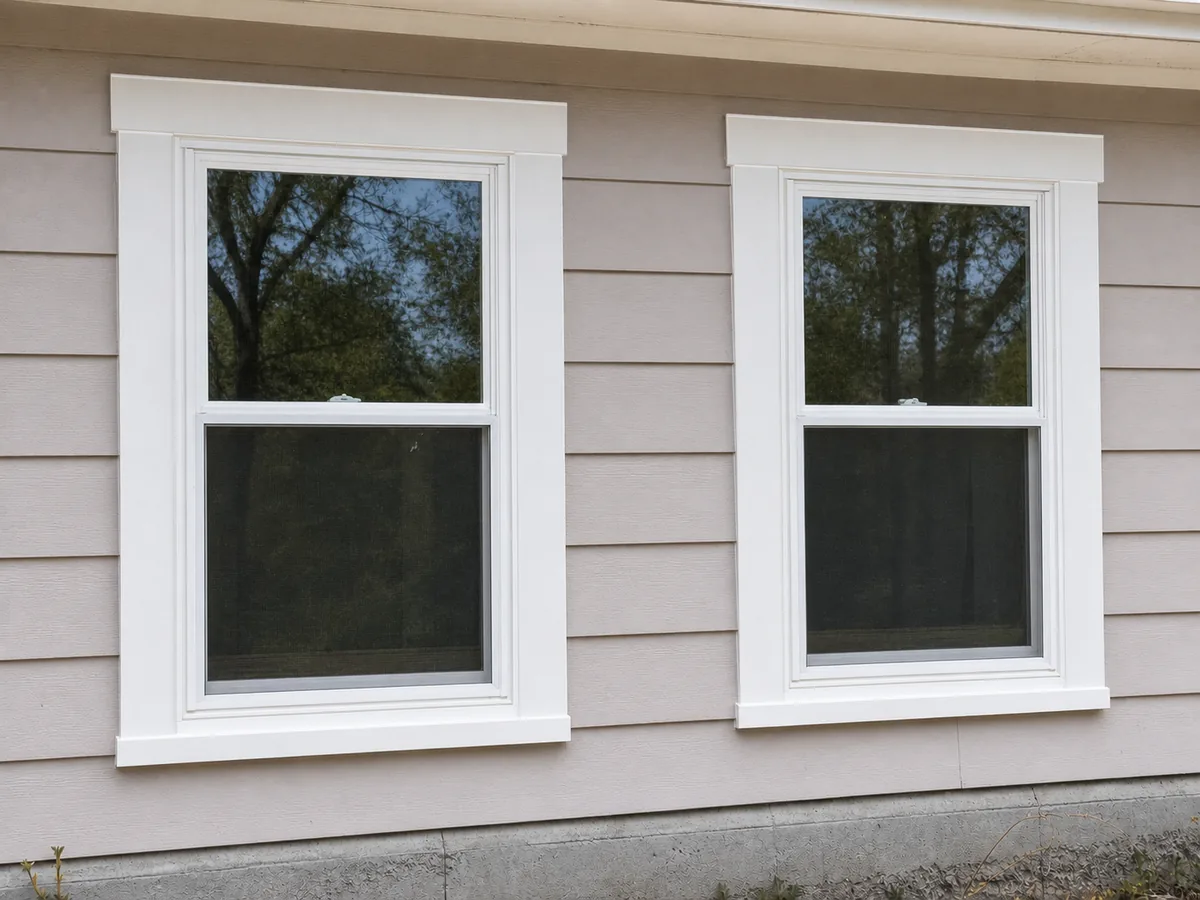 New white vinyl double hung windows with fresh trim