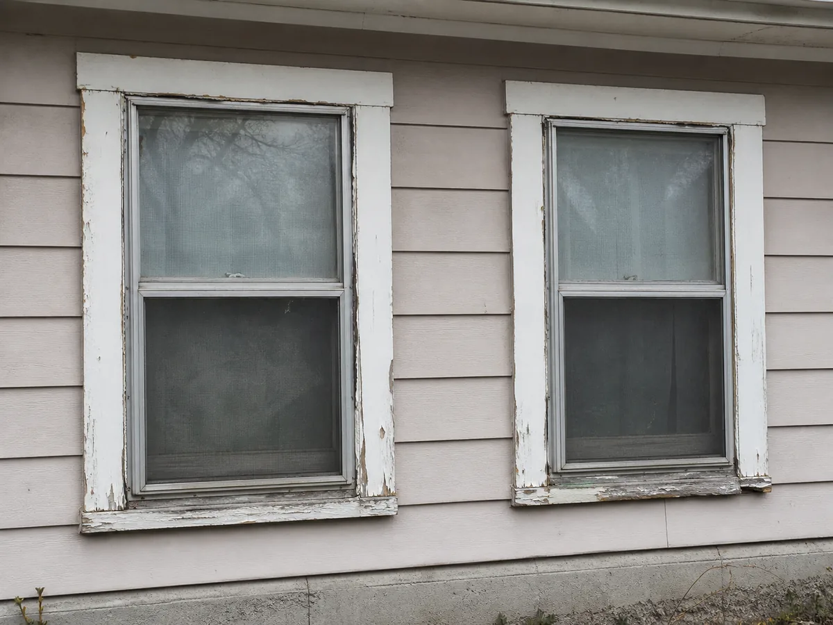 Old aluminium windows with peeling trim and cracked caulk