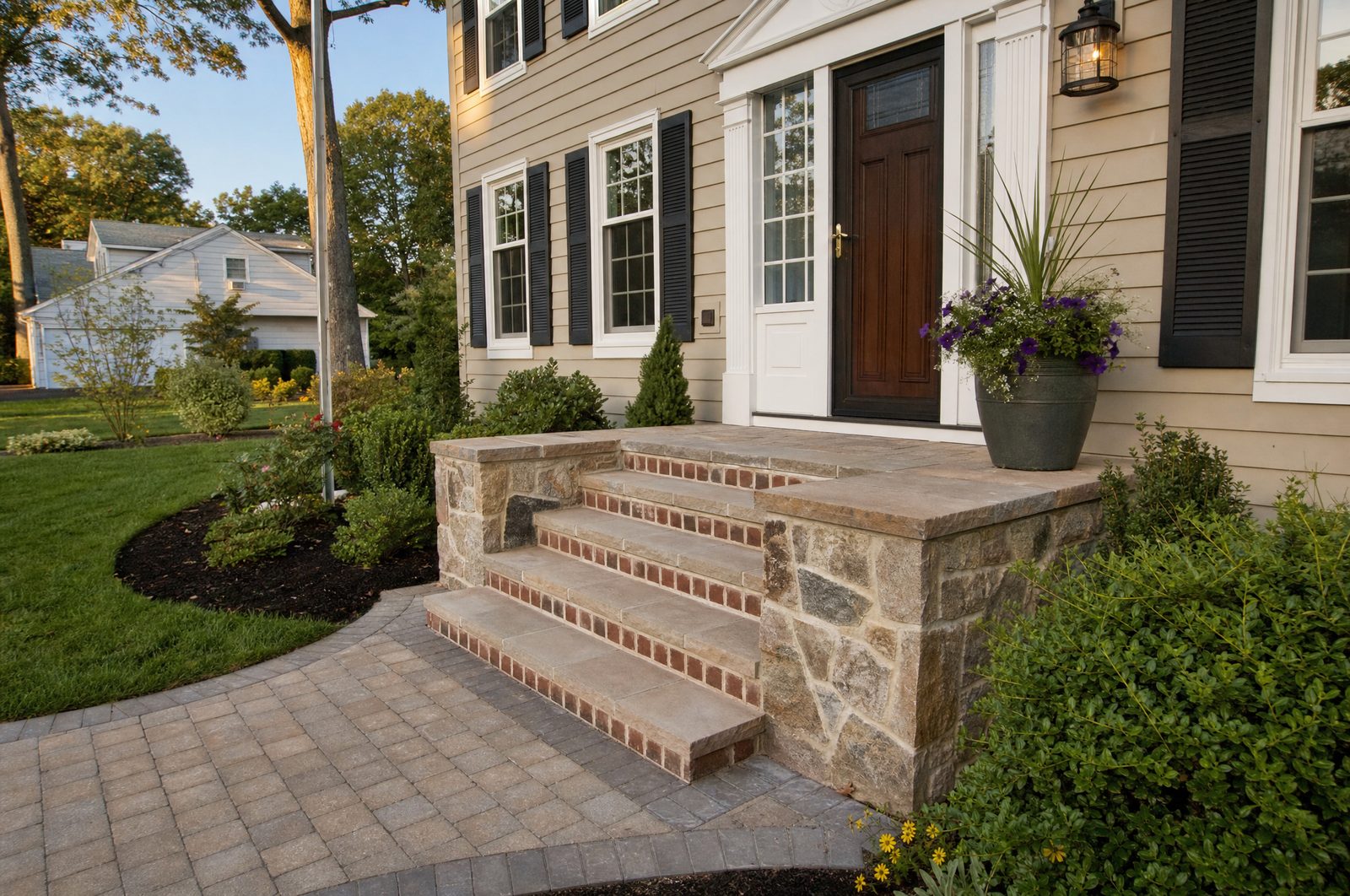 Custom brick and natural-stone front steps and paver walkway built by J&T General Construction