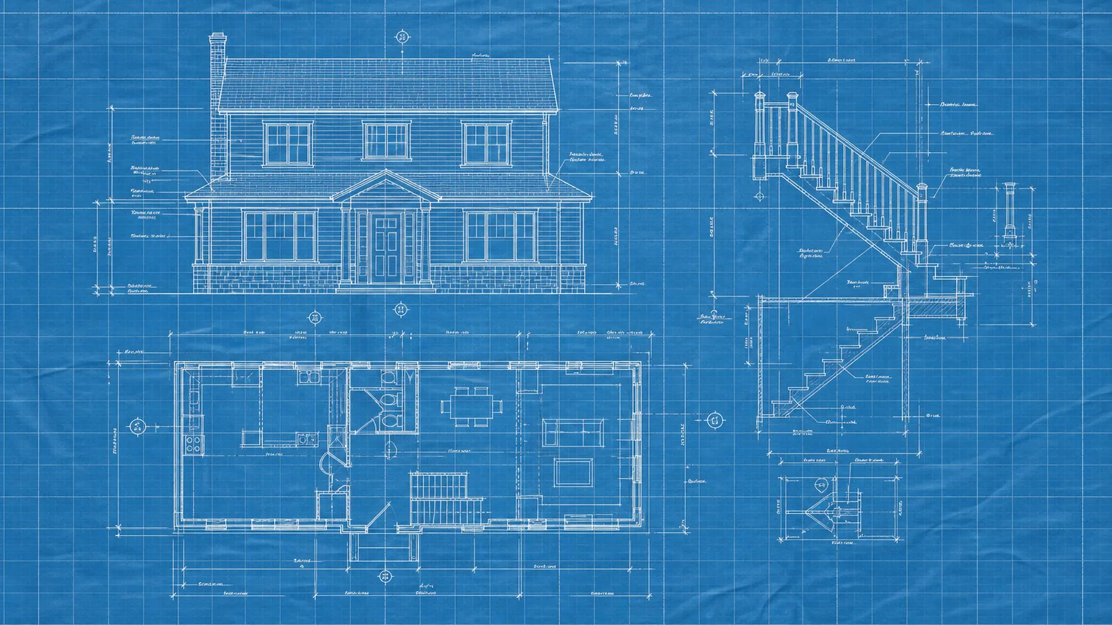 Architectural drawing of a house: front elevation, floor plan and stair detail