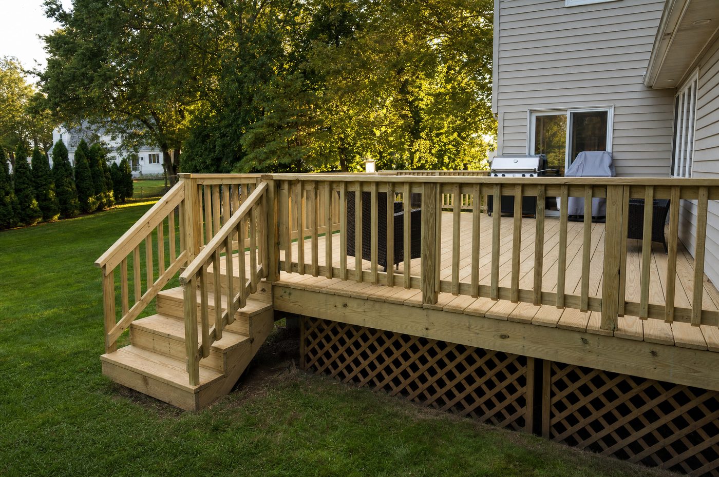 Newly built backyard wood deck with railing and steps